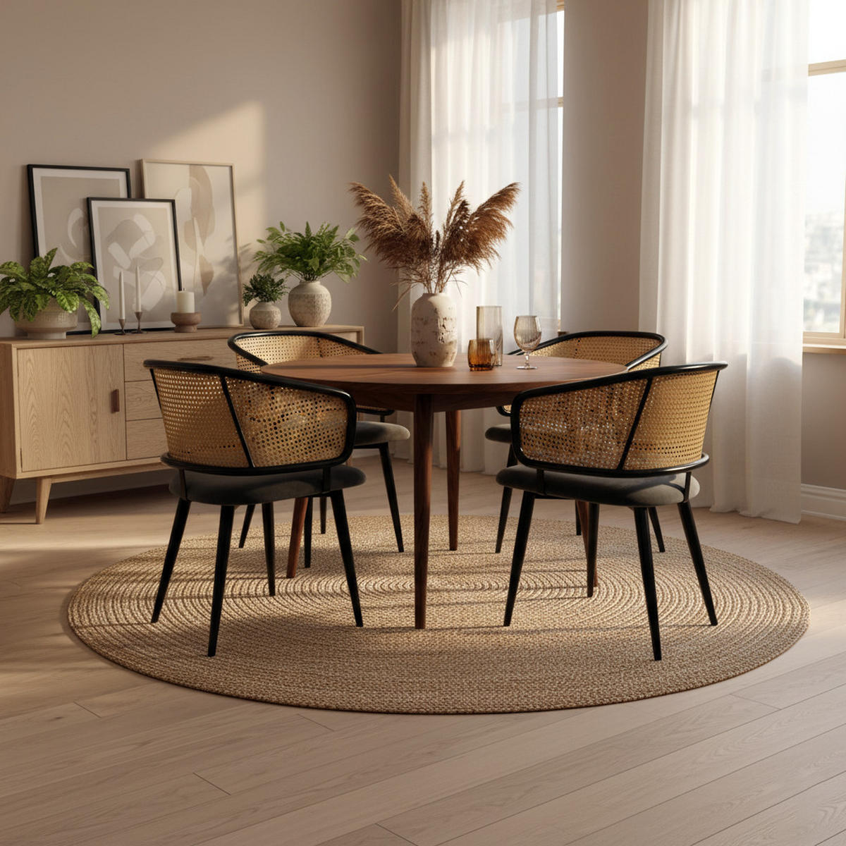 ESSZIMMERSTÜHLE 2er Set Rattan Rückenlehne & Samtsitz - Grau, Leder/Textil (47/79/47cm) - Urban Meuble