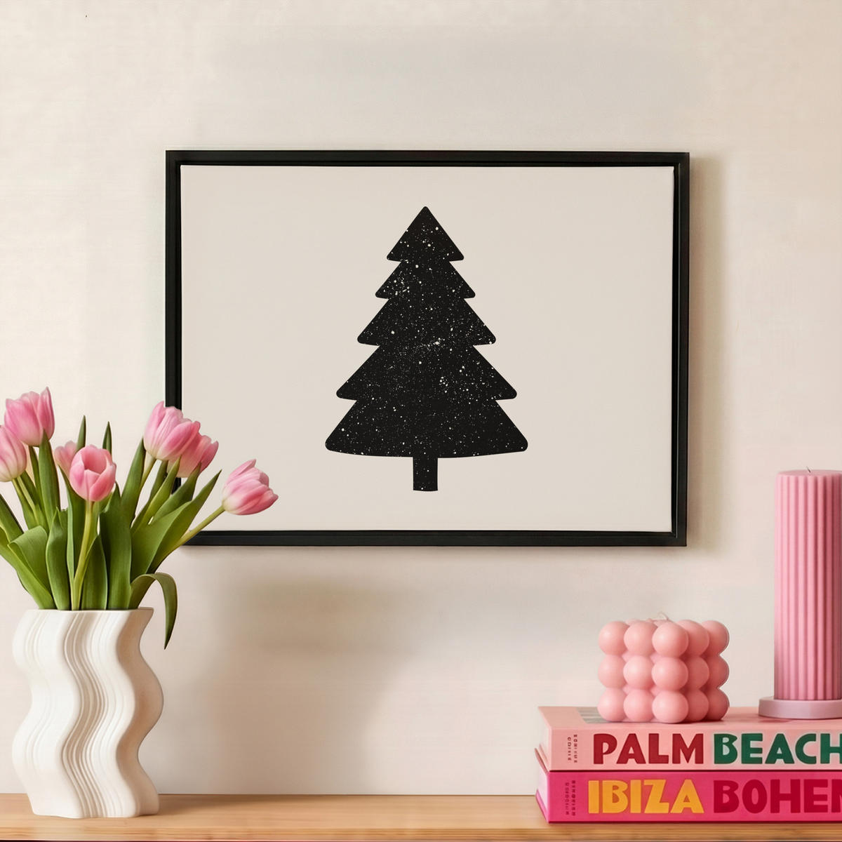 LEINWAND Bilder mit Rahmen - Weihnachtsbaum - Schwarz - Urlaub - Beige - 40x30 - Schwarz, Textil (40/30cm) - MuchoWow