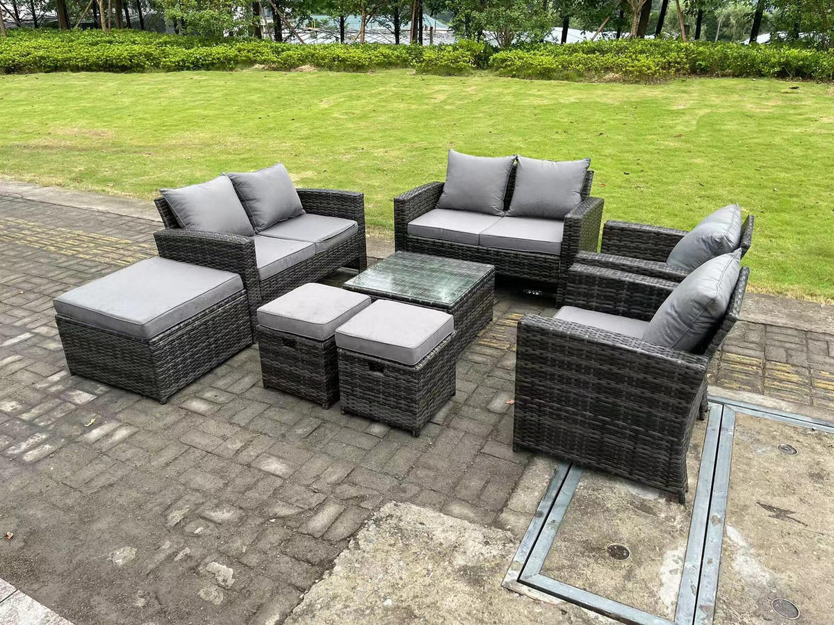GARTENMÖBEL-SET Polyrattan Dunkelgrau 9-Sitzer - Dunkelgrau, Metall - Fimous