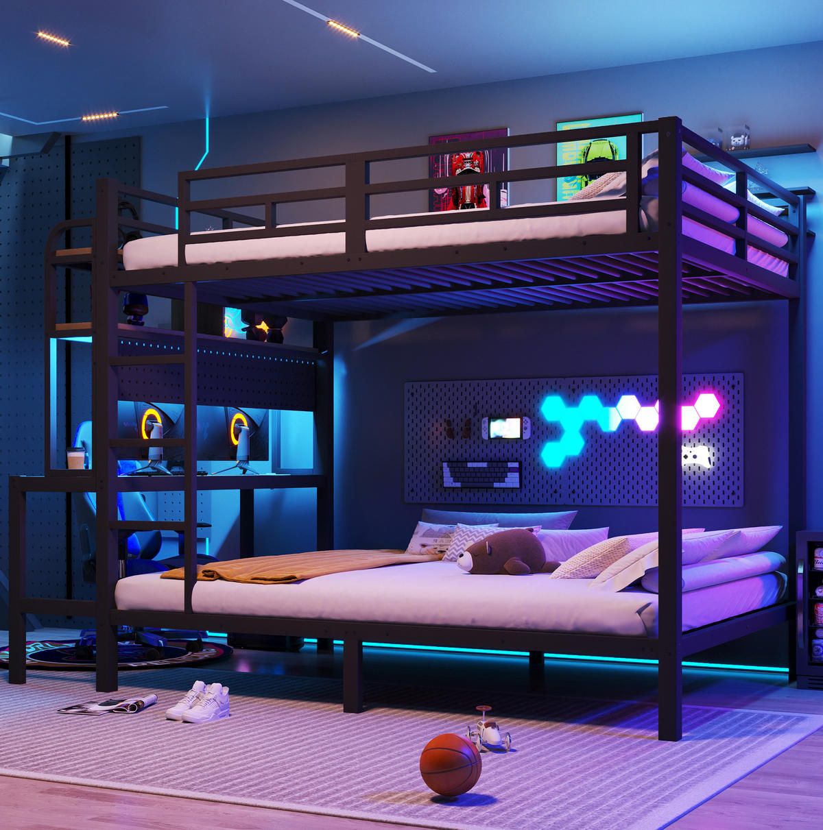 ETAGENBETT aus Metall und MDF 140x200 cm Schwarz mit Schreibtisch, Ablagefächern, LED-Lichtleiste und USB-Anschluss - Schwarz, Metall (140/200cm) - Modfu