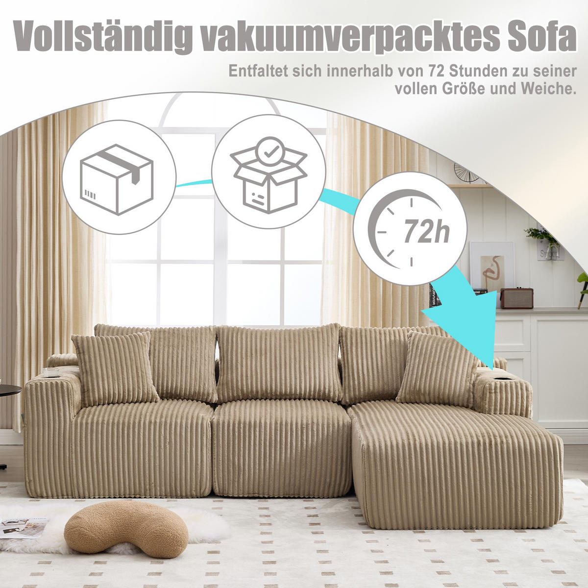 ECKSCHLAFSOFA Modulares Sofa mit Schlaffunktion,Chaiselongue + Zweisitzer,Khaki - Braun, Textil (257/160cm) - LVHOM
