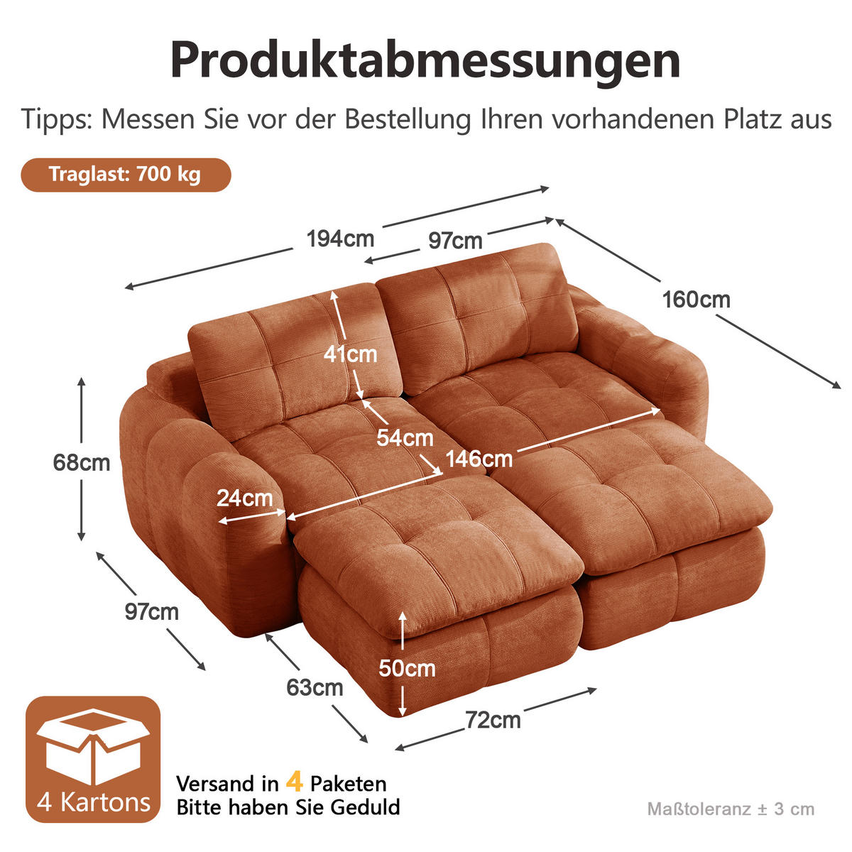 2-SITZER-SOFA DE-34464 mit 2 Ottomanen Orange - Orange, Textil (160/194cm) - ComfortXL