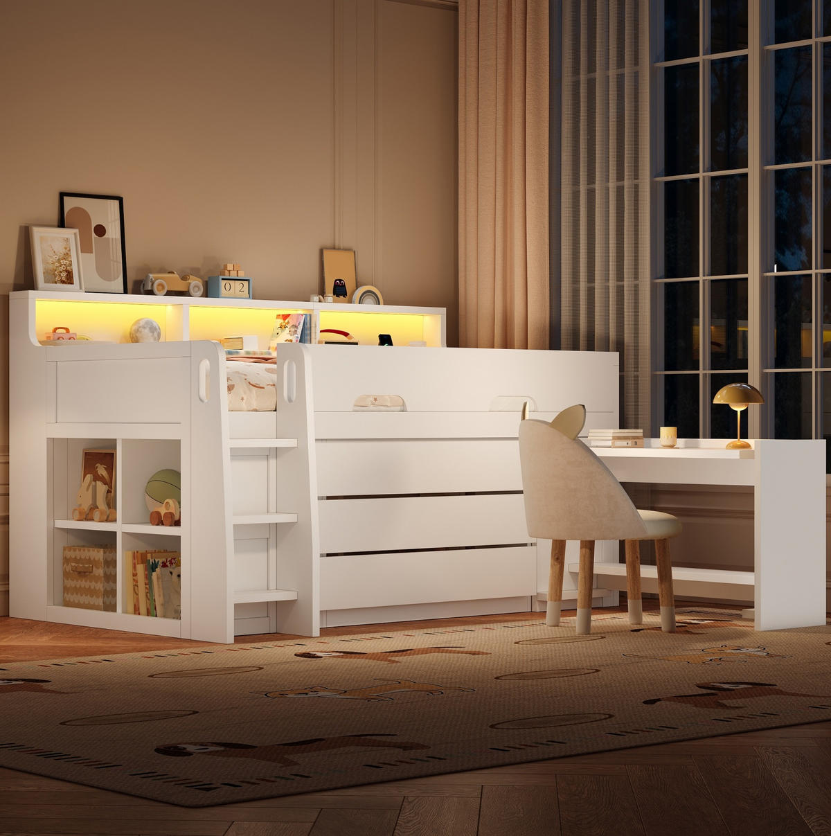 HOCHBETT 90/200 cm, Weiß mit 3 Schubladen, Schreibtisch und LED-Licht - Weiß, Holzwerkstoff (90/200cm) - MIVRAY