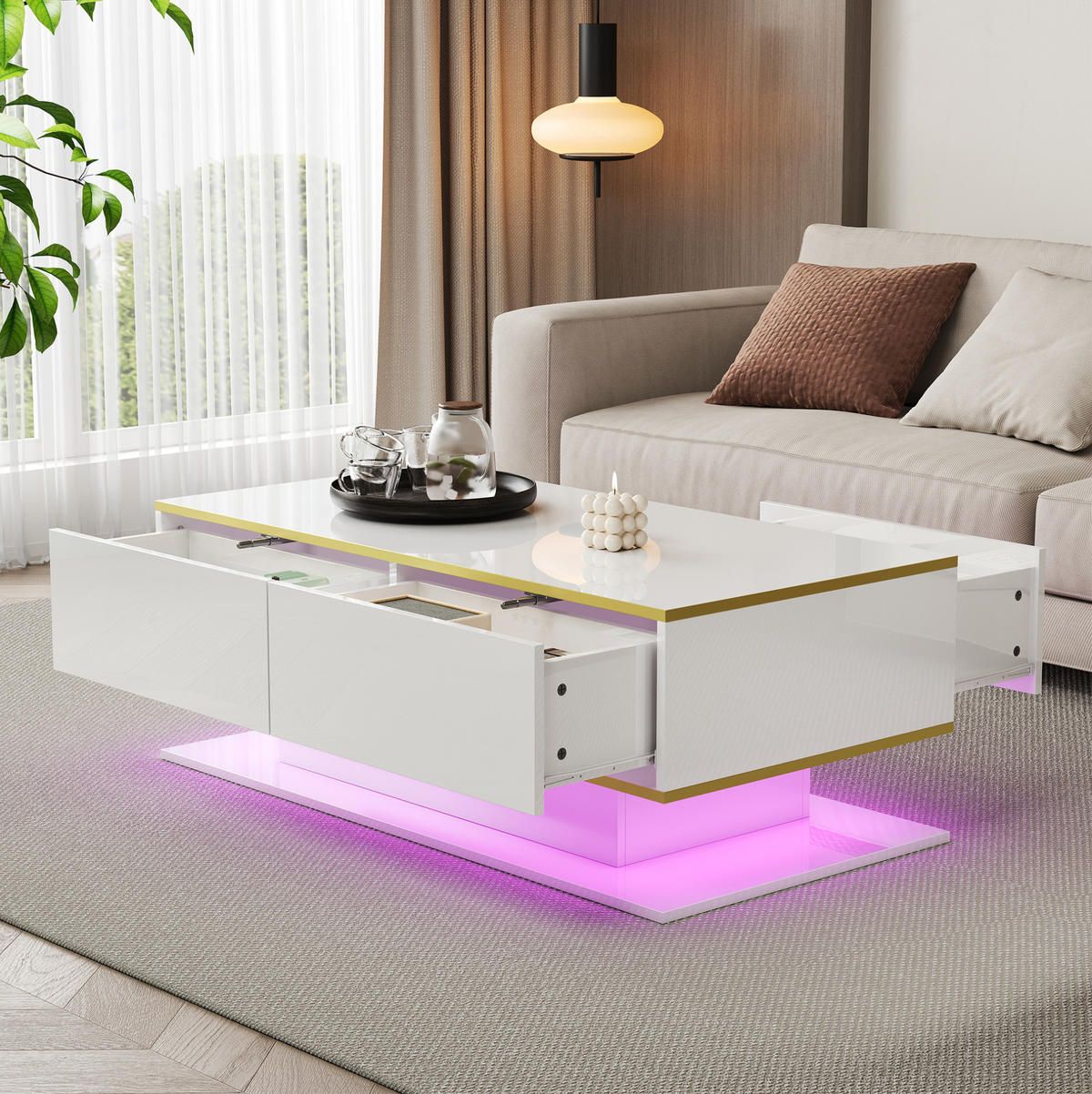 COUCHTISCH 100/50/40 cm Weiß Hochglanz aus Spanplatte mit LED-Lichtstreifen und 3 Schubladen - Weiß, Holzwerkstoff (100/50/40cm) - OKMYHOME