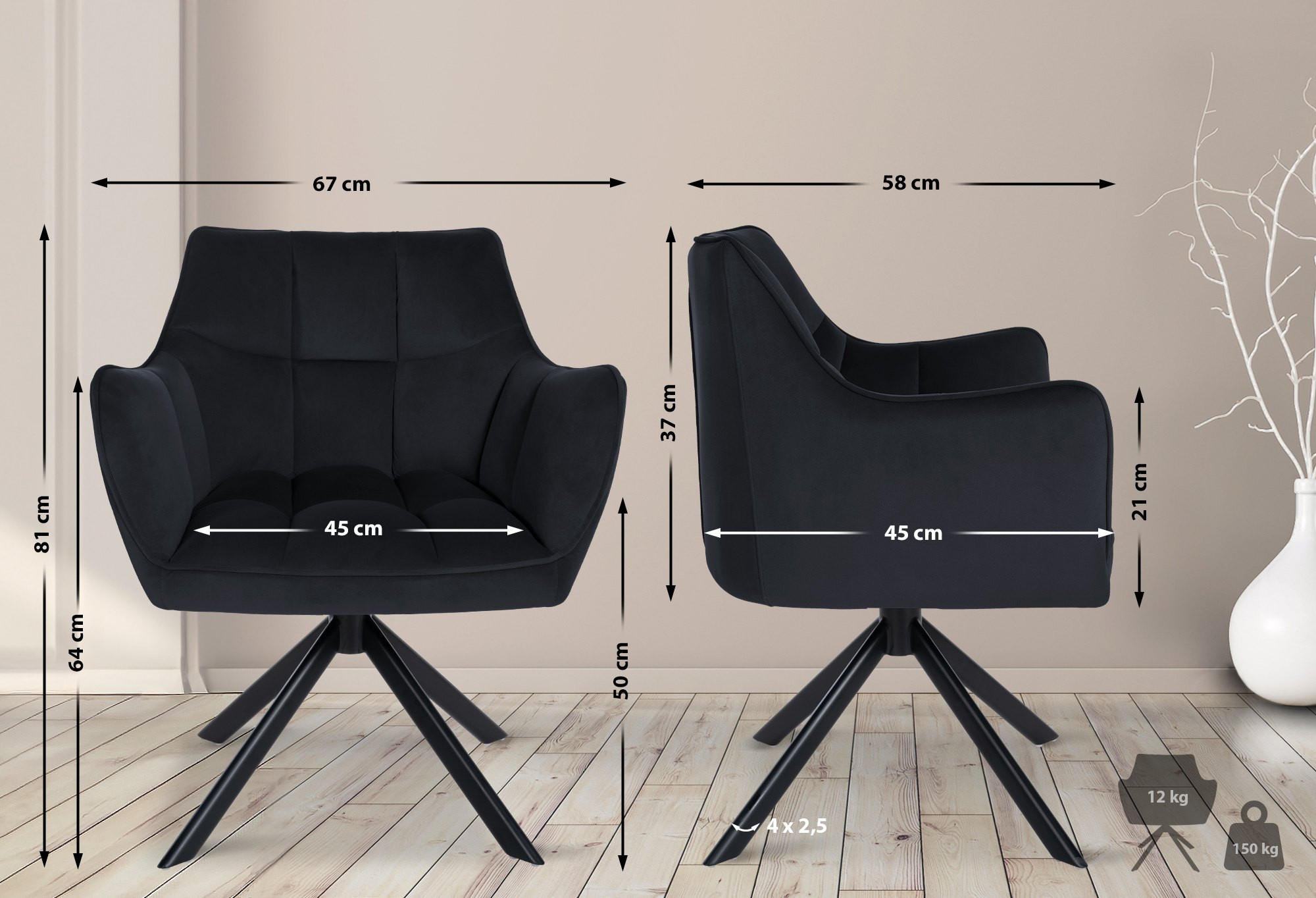 ESSZIMMERSTUHL SWING Samt schwarz 81x67x58 cm schwarz Samt Metall - Schwarz, Textil/Metall (67/81/58cm) - DELUKE