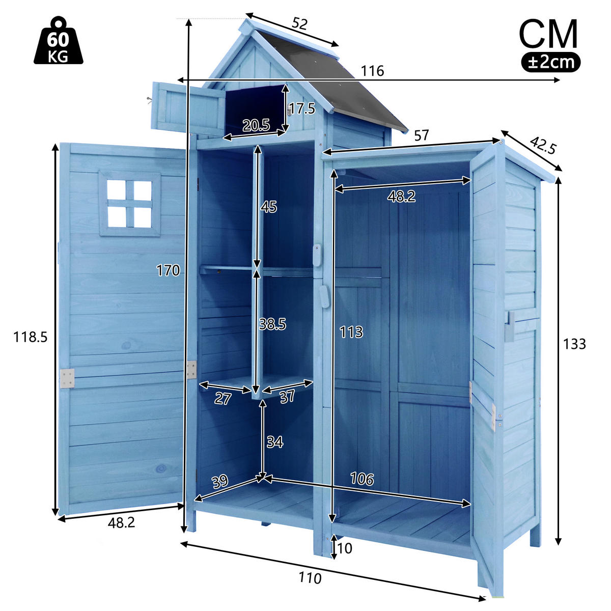 GERÄTEHAUS 118x54x173cm Blau Wetterfest Mit PVC-Dach - Blau, Holzwerkstoff (54/173/118cm) - FLIEKS