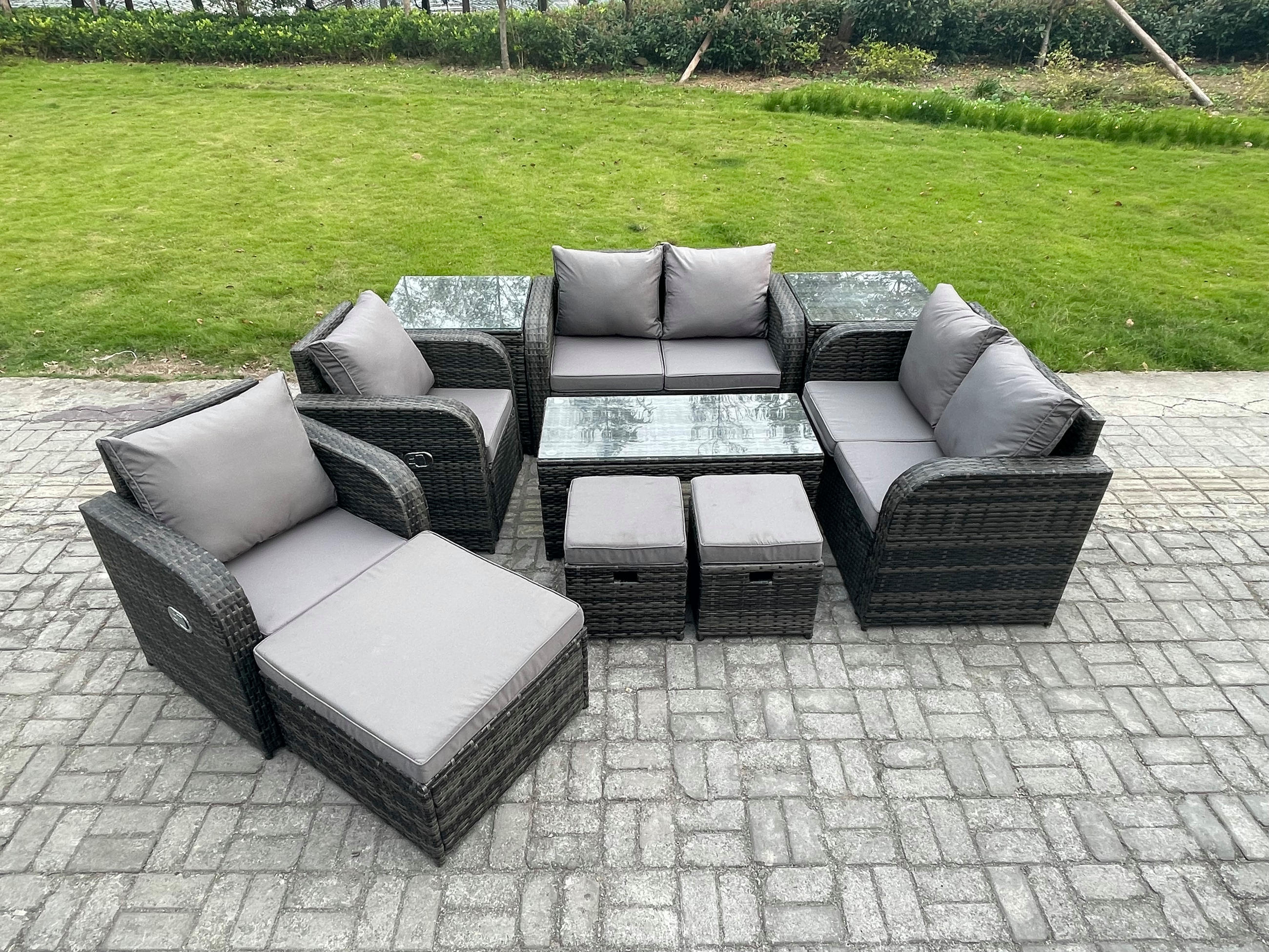 GARTENSOFA SET mit LIEGESTUHL Polyrattan 9-Sitzer Dunkelgrau - Dunkelgrau/Grau, Glas/Kunststoff - Fimous