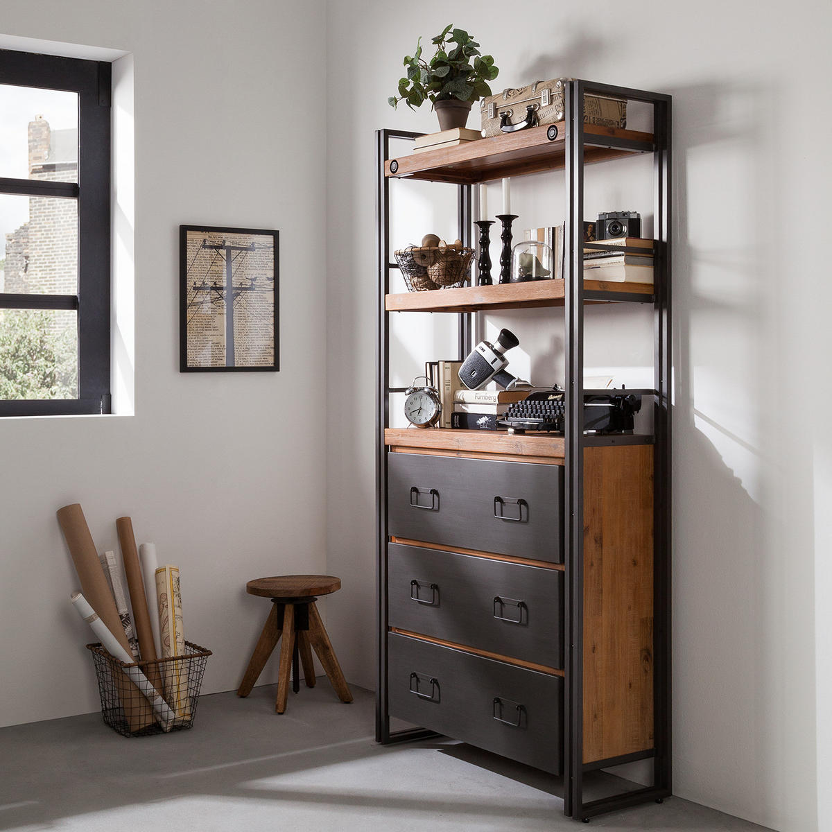 REGAL - 2 Fächer, 3 Schubladen, Akazie massiv / Metall - Akaziefarben, Holz (90/190/35cm) - home24