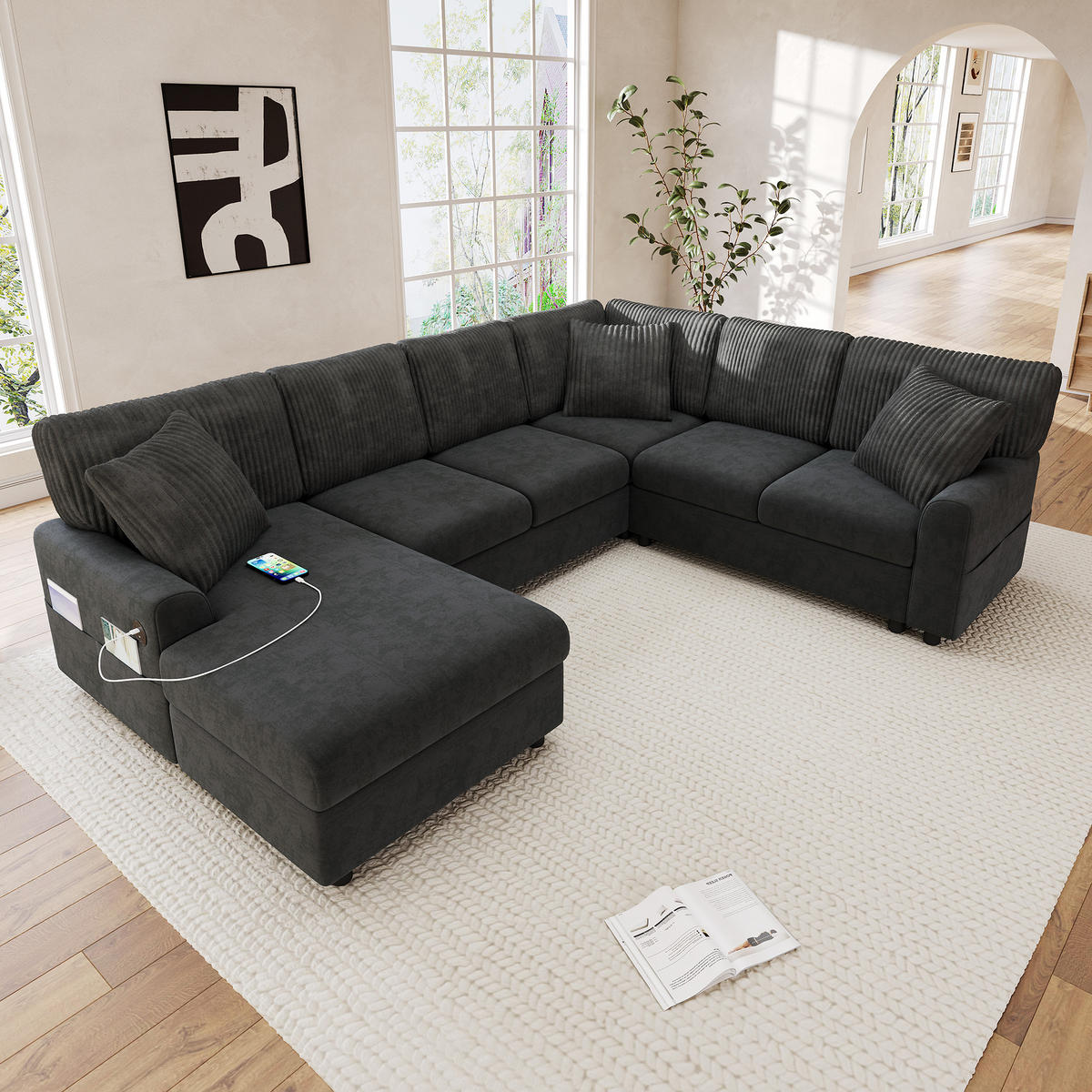 WOHNLANDSCHAFT mit Chaise longue, 3 Kissen, USB/Type-C in Grau - Schwarz, Textil (249/83/196cm) - EVRYAE
