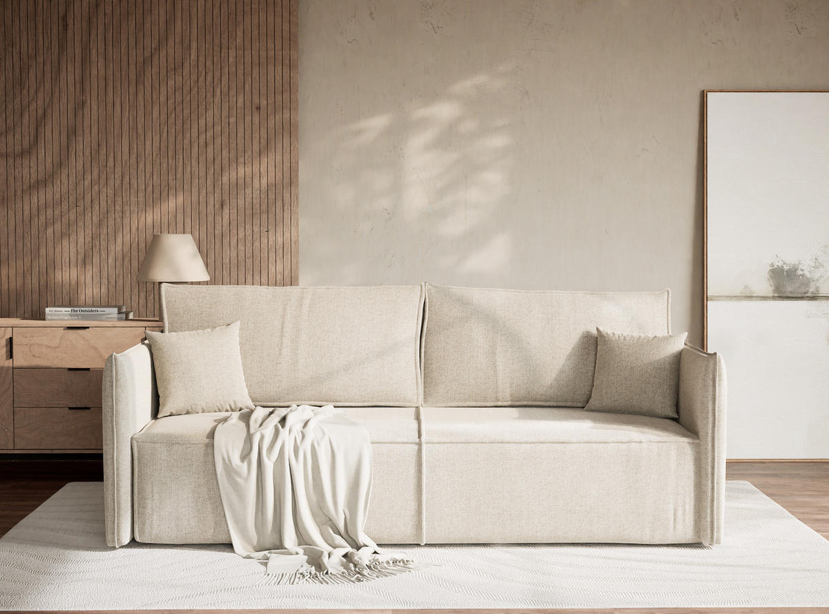 SOFA MIT SCHLAFFUNKTION Obra Beige Webstoff - Beige/Schwarz, Holz/Holzwerkstoff (220/70/107cm) - Maison de Reve