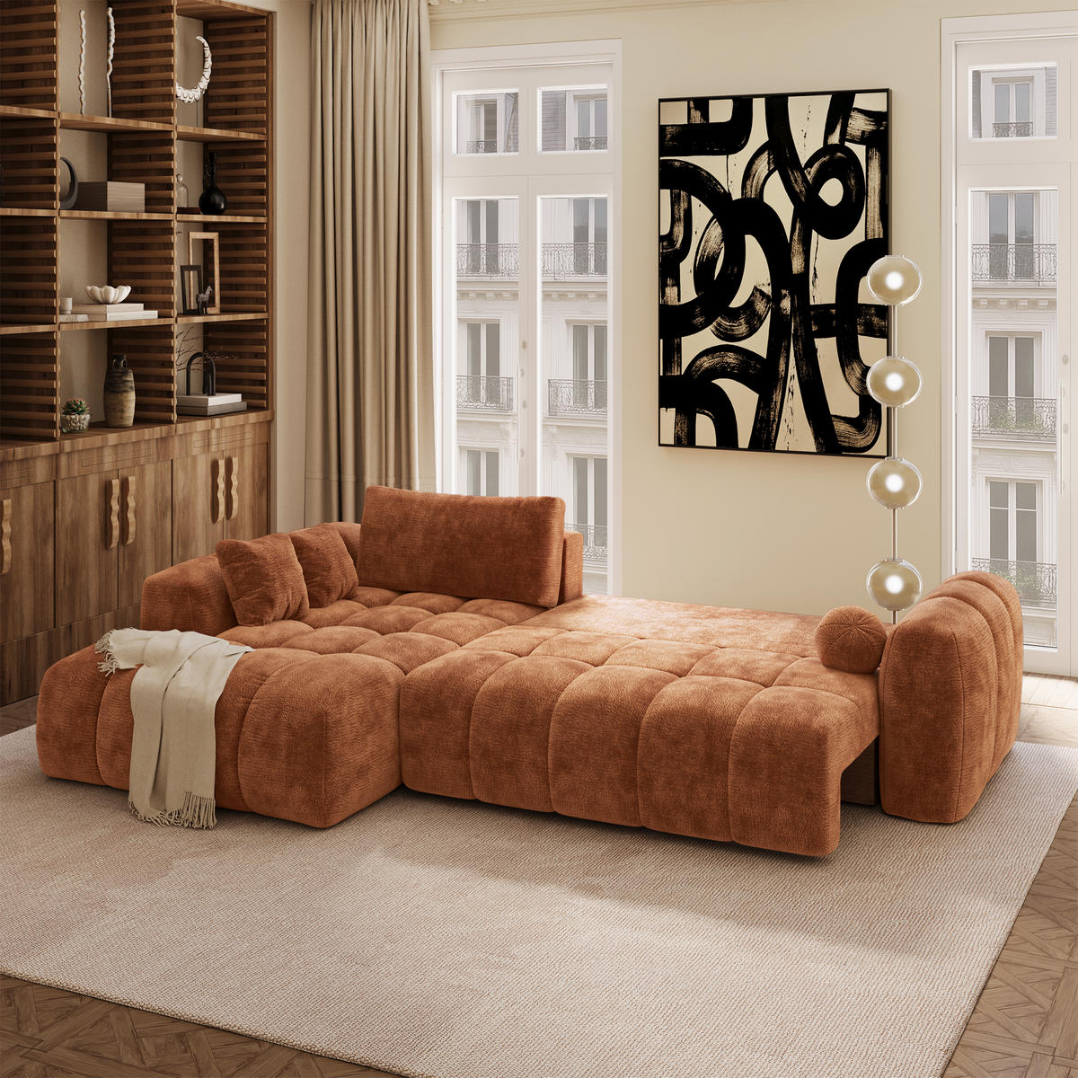 LINKSECK-SCHLAFSOFA mit Stauraum SKY Geprägter Samt Terrakotta 310cm - Dunkelorange/Terracotta, Textil (310/180cm) - Premium Interiors