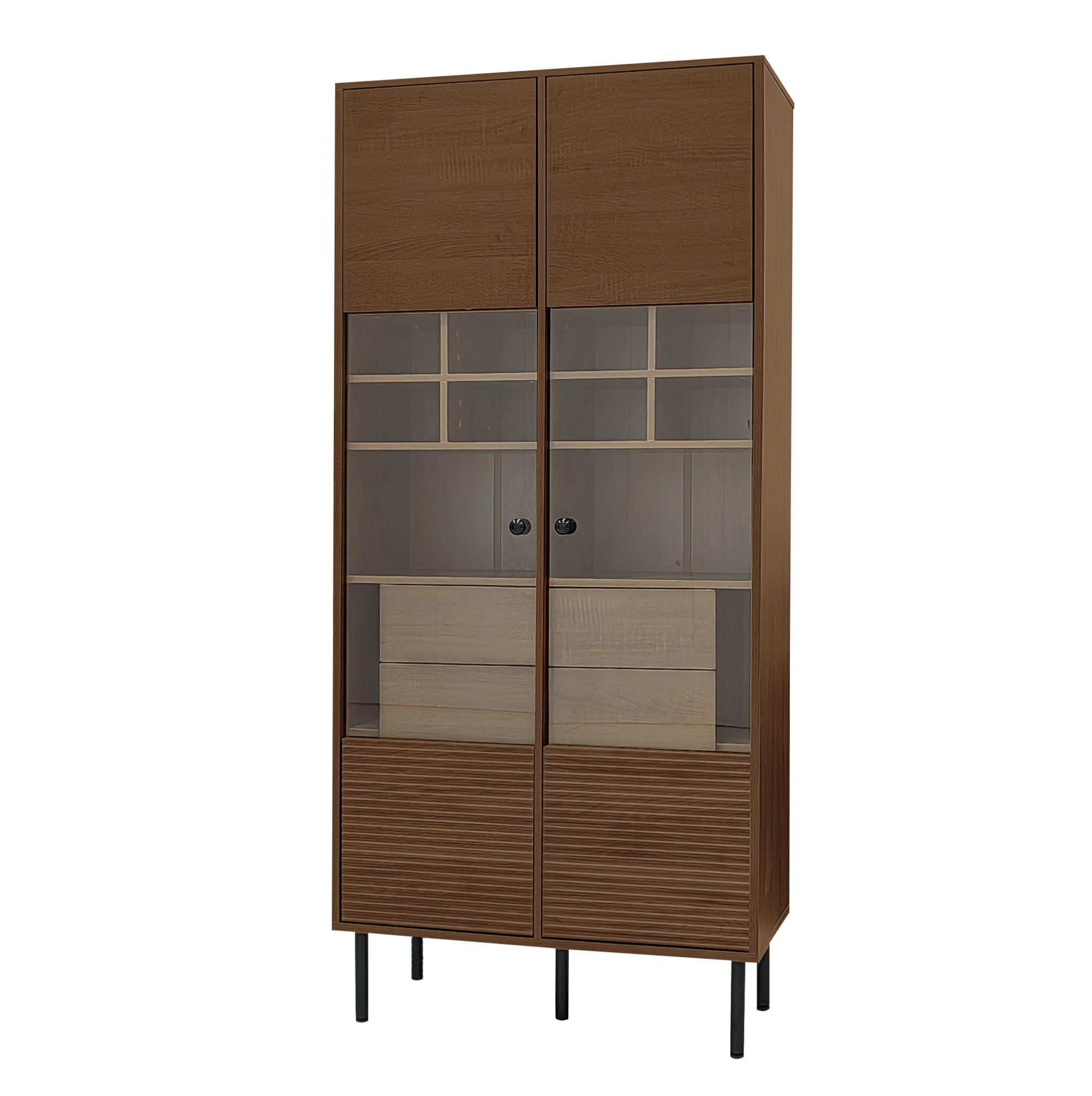 VITRINE 75.5x35x164.5cm in Holz mit Glasfront & Schubladen - Walnussfarben, Holzwerkstoff (75.5/164.5/35cm) - Modfu