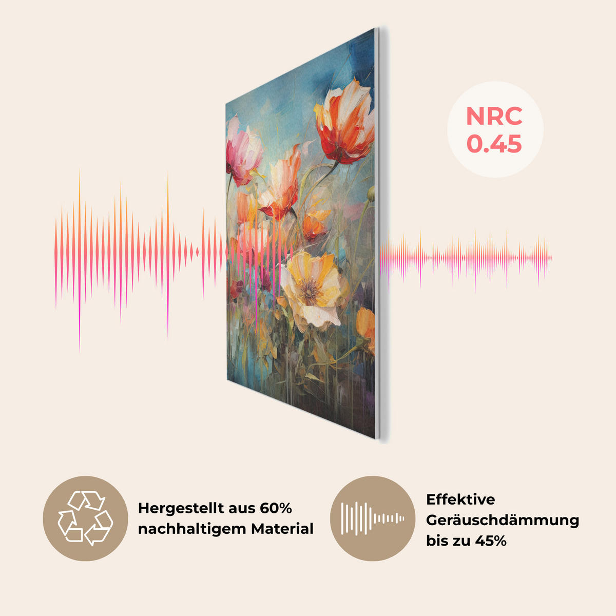 AKUSTIKPANEEL Blumen - Aquarell - Kunst - Botanisch - Natur 60x80 cm - Orange, Textil (60/0.9/80cm) - MuchoWow