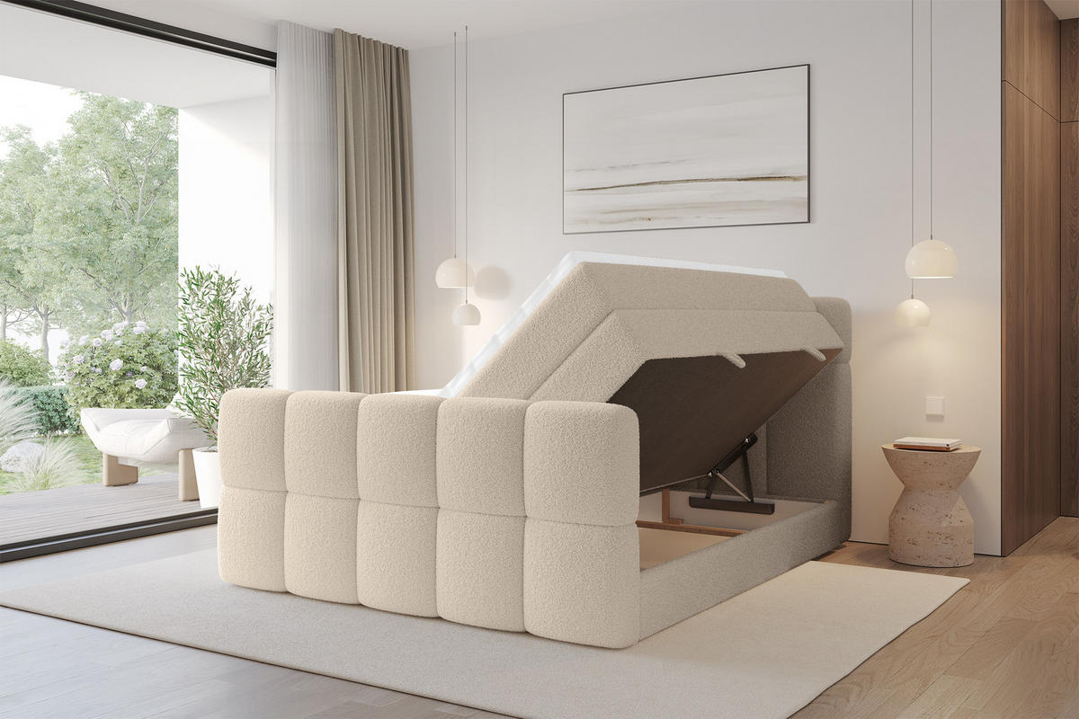 BOXBETT mit Matratze H3/H4 - FAMA-Z KING - 160x200 cm Dunkelbeige Quelle - Creme, Holzwerkstoff (160/200cm) - ALTDECOR