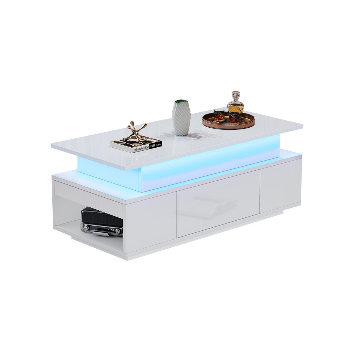 COUCHTISCH 96/45/40 cm Weiß Höhenverstellbar mit Stauraum und LED-Beleuchtung - Weiß, Holzwerkstoff (96/45/40cm) - OKWISH