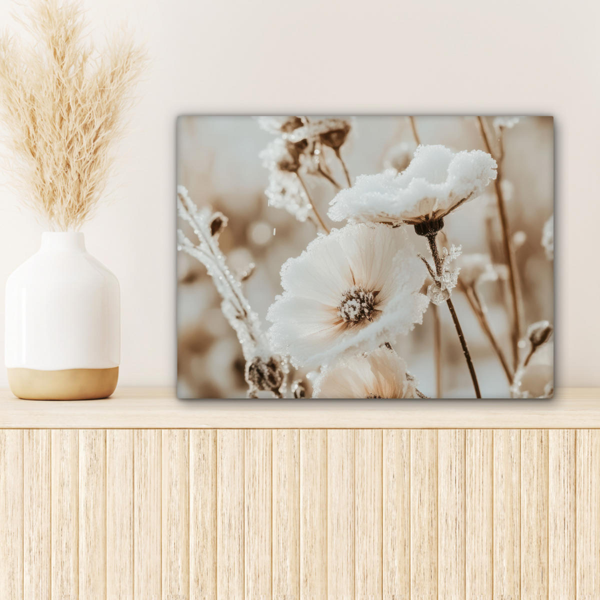 LEINWANDBILD Blumen - Winter - Weiß - Schnee - Beige 40x30 cm - Creme, Textil (40/30cm) - MuchoWow