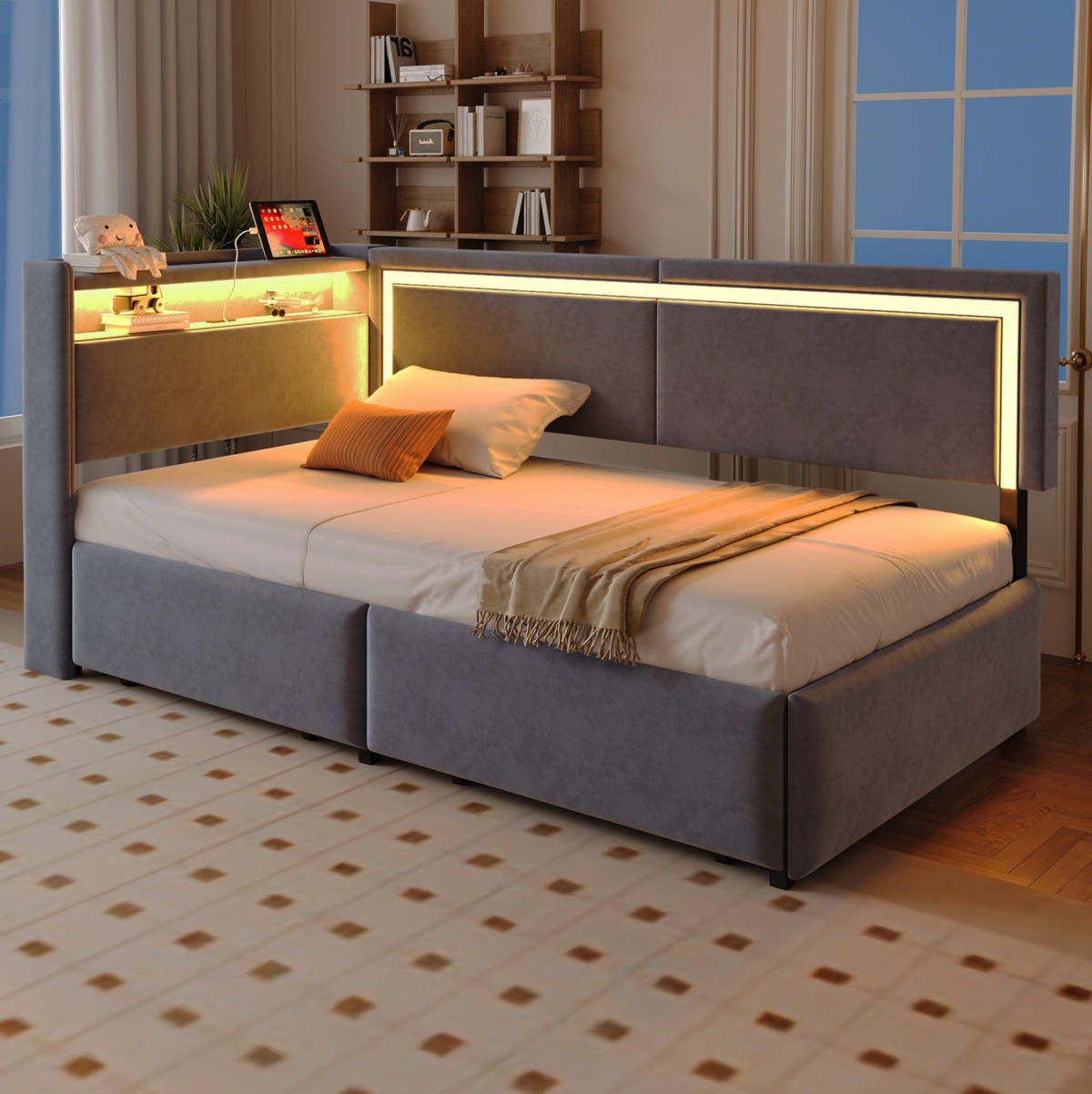 POLSTERBETT 90/200 cm aus Samt mit LED-Beleuchtung, USB-Anschlüssen und Stauraum - Dunkelgrau, Textil (90/200cm) - Flora Grace