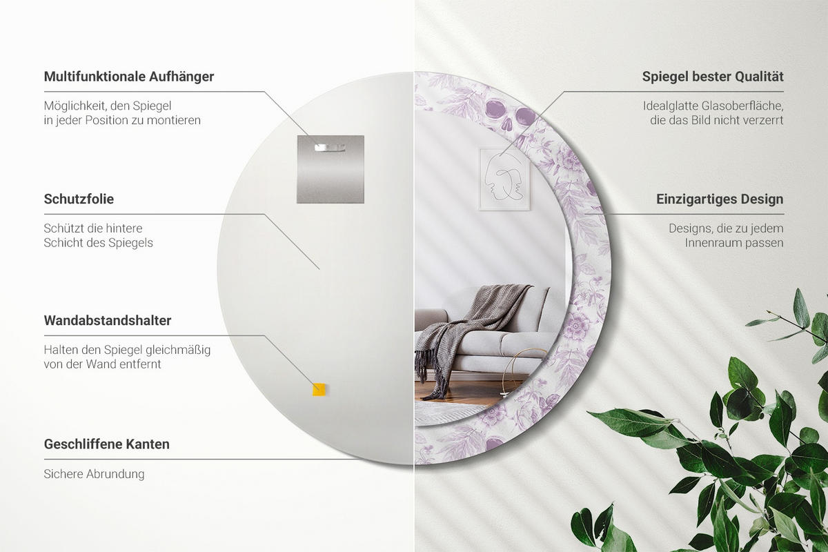 SPIEGEL Rund Ø 70 cm mit Aufdruck - Violett, Glas (70/70/0.4cm) - Wallfluent