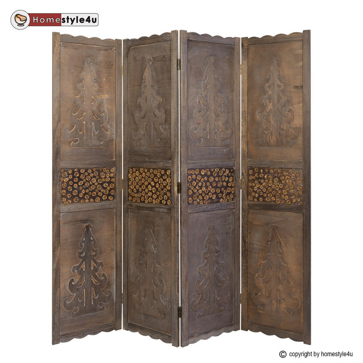 PARAVENT 4-tlg. 160/170 cm Braun Holzverzierung - Braun, Holz (160/170/2cm) - Homestyle4u