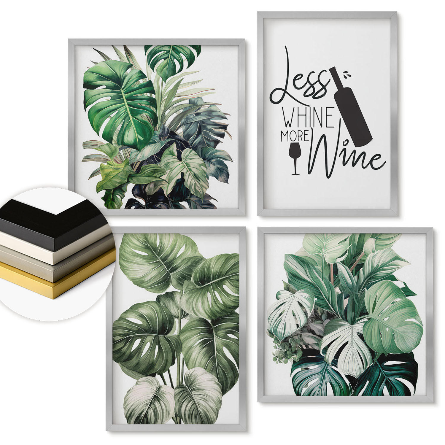 WANDBILDER 4er Set - 50x50 cm & 40x60 cm Silberner Rahmen - Grüne Weinblätter - Silberfarben, Kunststoff (50/50cm) - ArtPrintCave