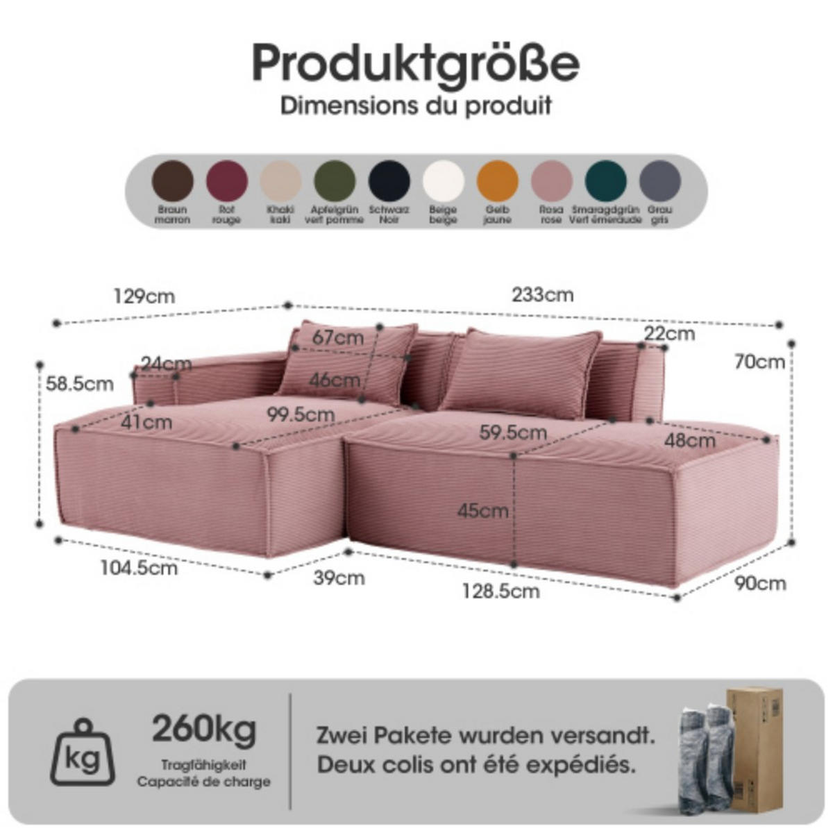 ECKSCHLAFSOFA L-/U-/2-er Sofa mit Schlaffunktion,Modulsofa,Cord,Rosa - Rosa, Textil (129/233cm) - LVHOM