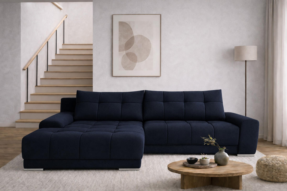 ECKSOFA WAVE Mit Schlaffunktion, Stoff SORO, Dunkelblau Links - Dunkelblau, Holz (105/281cm) - Kaiser Möbel