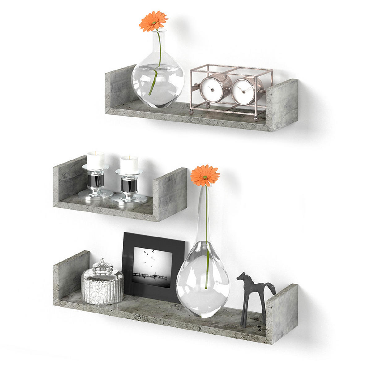 WANDREGAL Beton 60 x 10 cm 3er Set - Grau, Holzwerkstoff (60/10/15cm) - Vicco