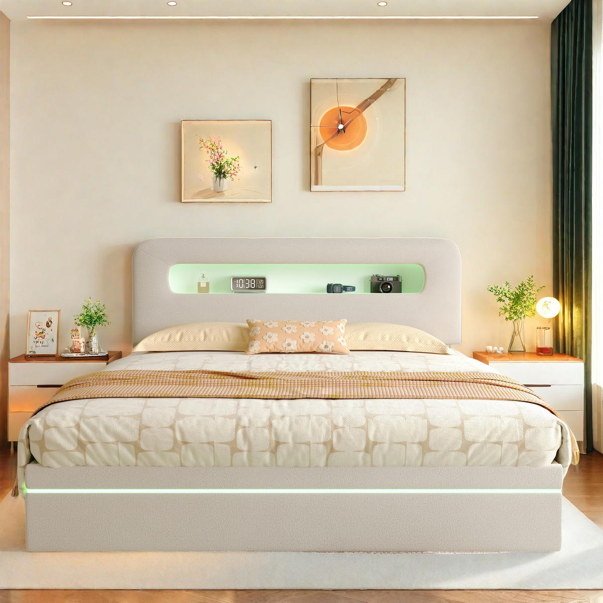 POLSTERBETT 160x200 cm Beige Samt LED USB Ablage Bettkasten - Beige, Holz (160/200cm) - SHOPENTRA