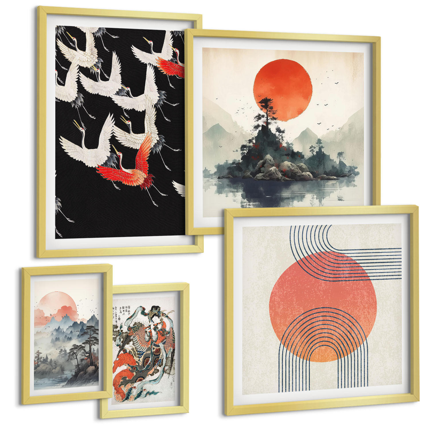 BILDER SET 5er Set - 50x50 cm & 20x30 cm & 40x60 cm Goldrahmen - Asiatische Landschaften Japandi - Goldfarben, Kunststoff (40/60cm) - TULUP