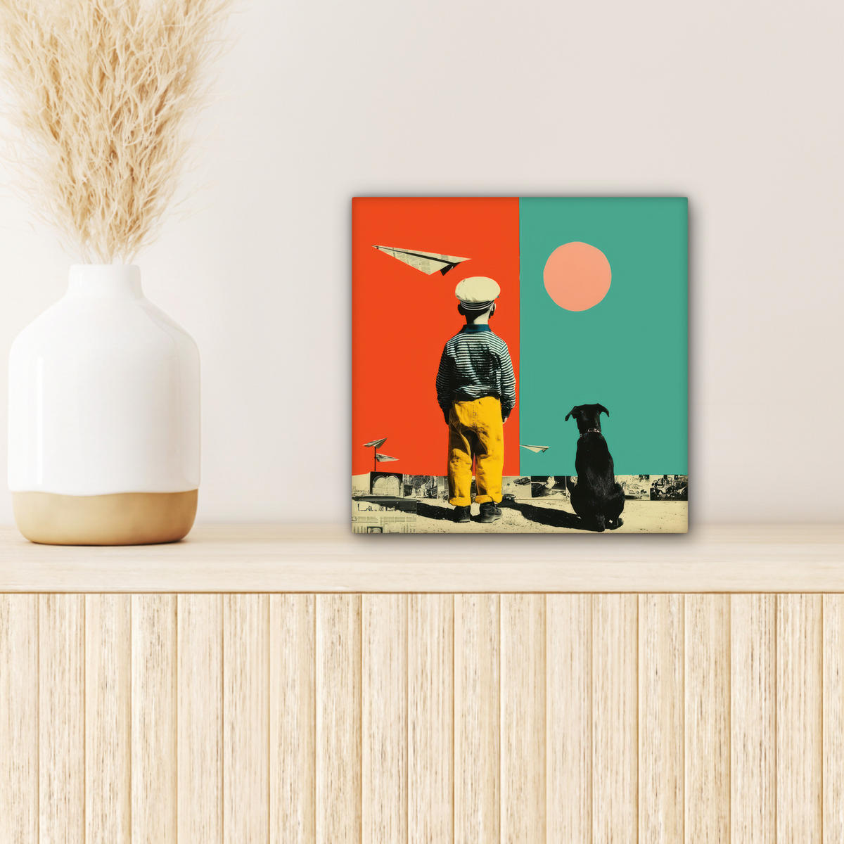 LEINWANDBILD Retro - Junge - Hund - Rot - Grün Deko Wohnzimmer 20x20 cm - Orange, Textil (20/20cm) - MuchoWow