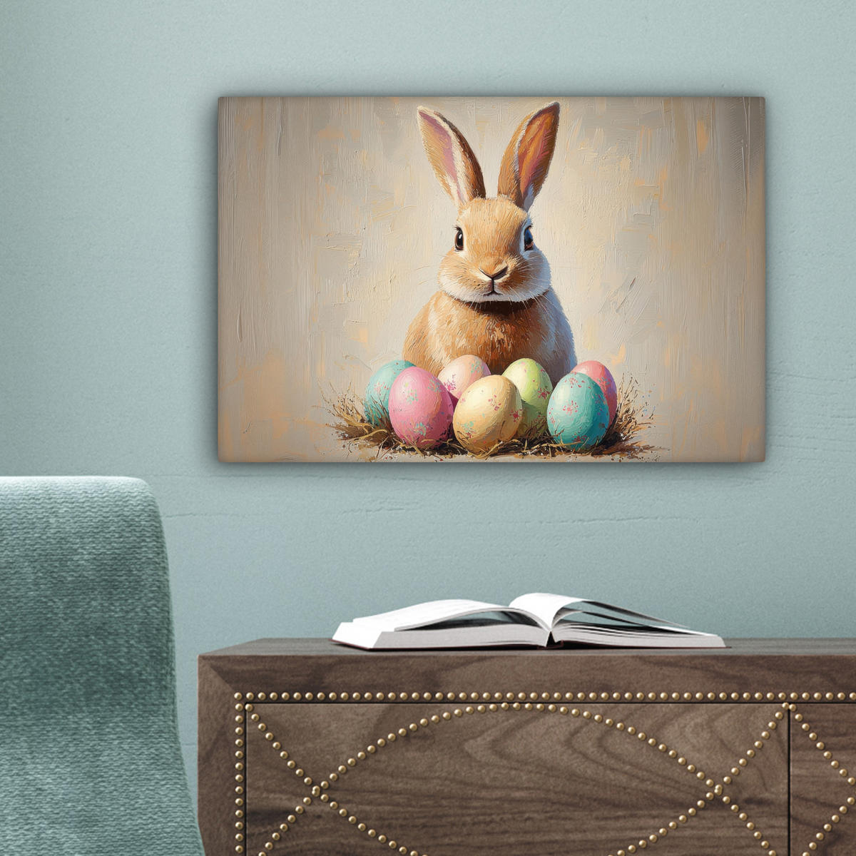 LEINWANDBILD Osterhase - Pastell - Eier Deko Schlafzimmer 30x20 cm - Beige, Textil (30/20cm) - MuchoWow