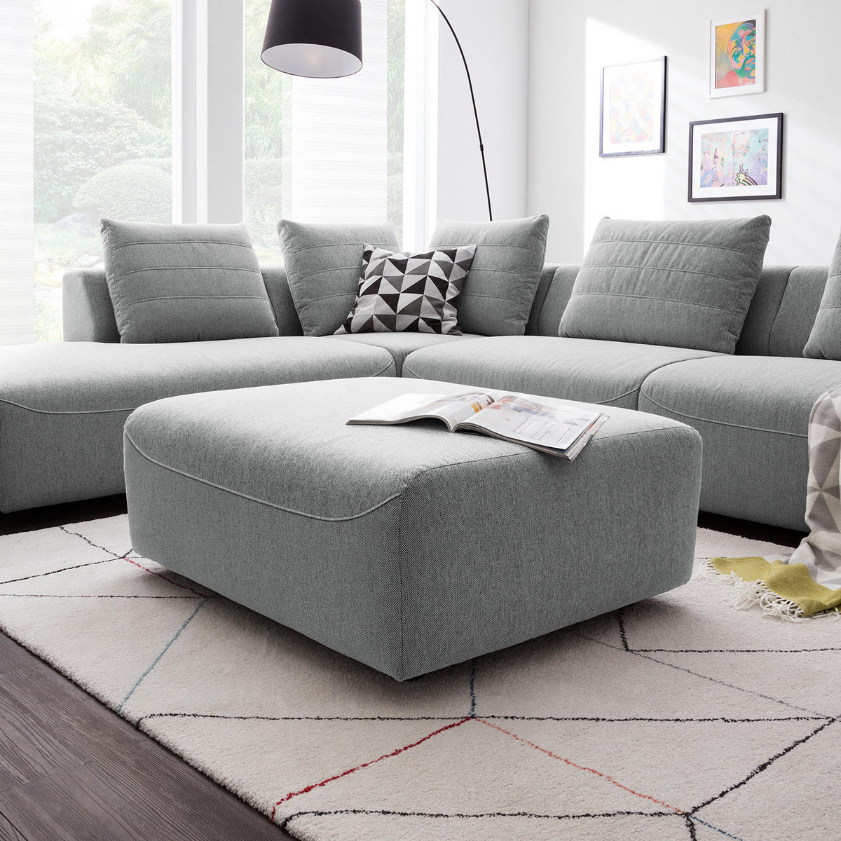 POLSTERHOCKER - Webstoff - Hellgrau/Schwarz, Kunststoff/Textil (100/43/80cm) - home24