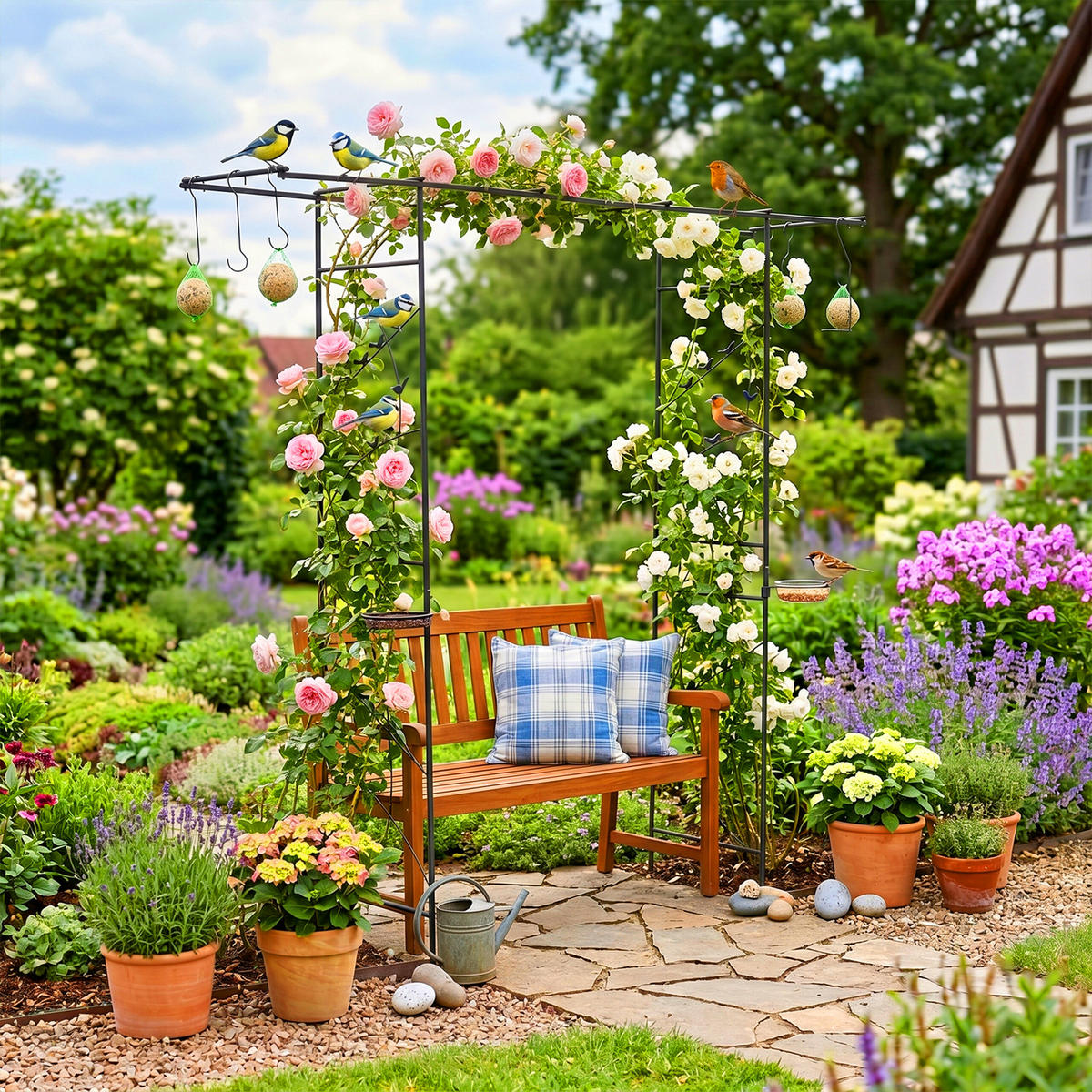 OBLOUK růží – ptačí ráj - černá, kov/plast (210/208/50cm) - Relaxdays