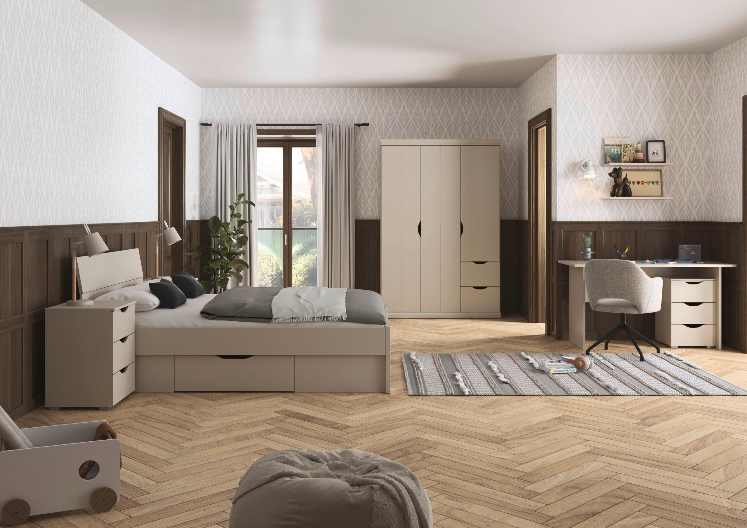 JUGENDZIMMER Frieda in Beige 5-teilig mit 3 türigem Kleiderschrank mit Schubkästen, 140er Jugendbett, Nachttisch, Schreibtisch mit Container - Beige, Holzwerkstoff (80/200/120cm)