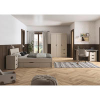 JUGENDZIMMER Frieda in Beige 5-teilig mit 3 türigem Kleiderschrank mit Schubkästen, 140er Jugendbett, Nachttisch, Schreibtisch mit Container - Beige, Holzwerkstoff (80/200/120cm)
