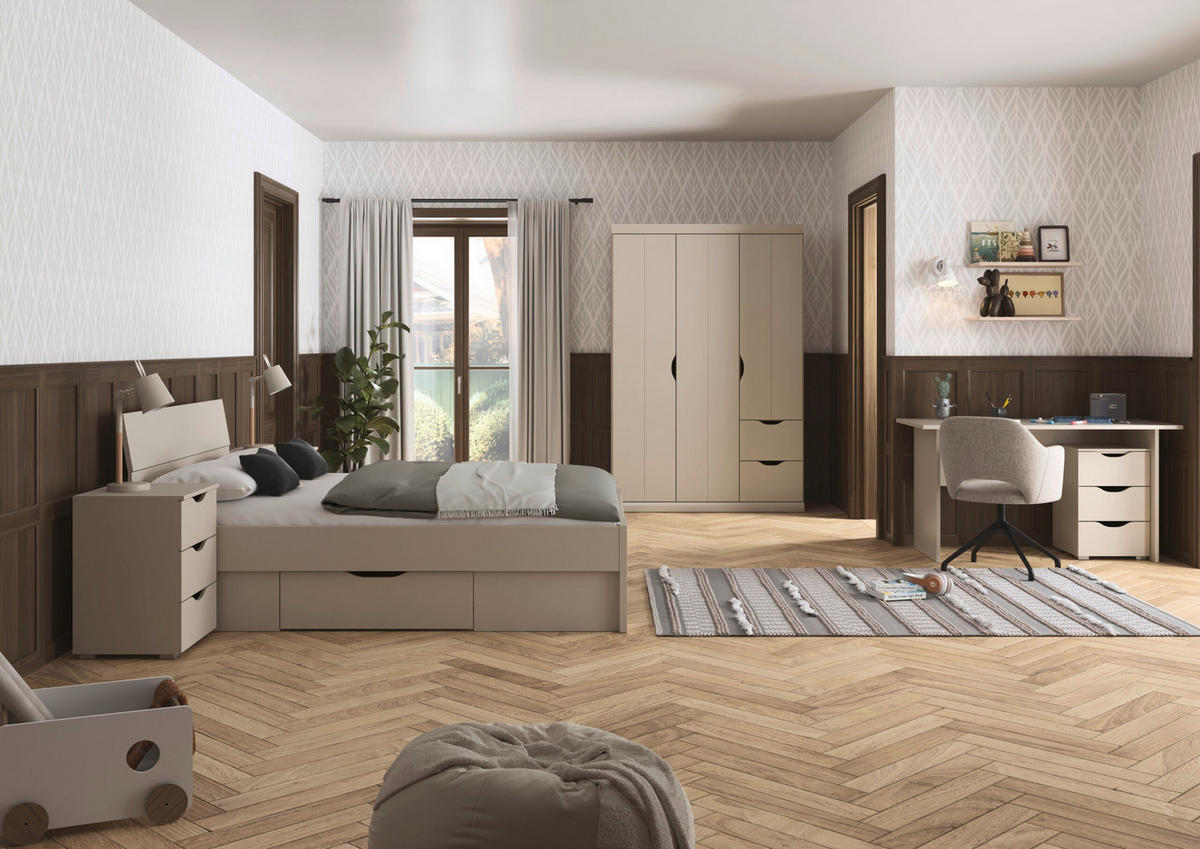 JUGENDZIMMER Frieda in Beige 5-teilig mit 3 türigem Kleiderschrank mit Schubkästen, 140er Jugendbett, Nachttisch, Schreibtisch mit Container - Beige, Holzwerkstoff (80/200/120cm)