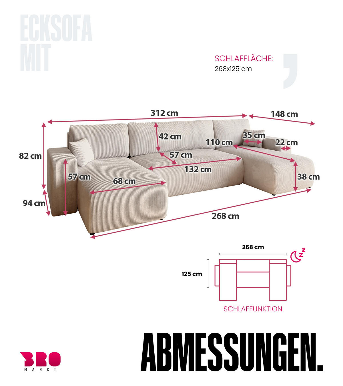 WOHNLANDSCHAFT PUMI mit Schlaffunktion Weiß Cord - Creme, Textil (312/82/148cm) - Bromarkt