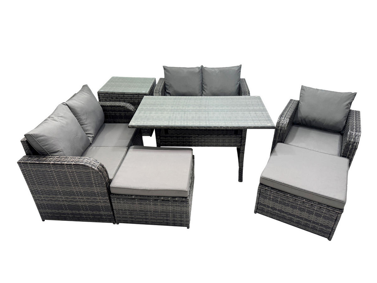 Gartenmöbelset mit Esstisch,Zweisitzer,Beistelltisch Polyrattan Dunkelgrau 7-Sitzer - Dunkelgrau/Grau, Glas/Kunststoff - Fimous