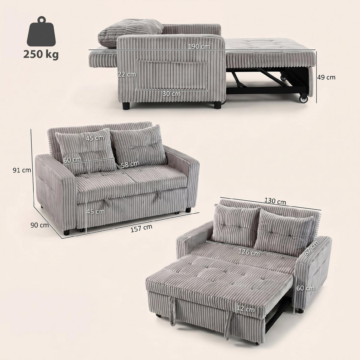SCHLAFSOFA Polyester Stahl Hellgrau - Hellgrau/Schwarz, Holz/Kunststoff (90/91/157cm) - HOMCOM