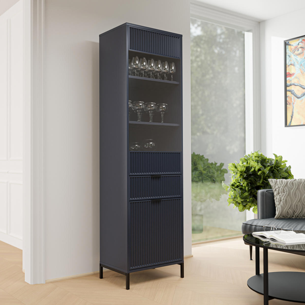 GLASVITRINE klein mit 1 Schublade und 2 Türen, Blau - Blau, Holzwerkstoff (196/55/41cm) - Idohome