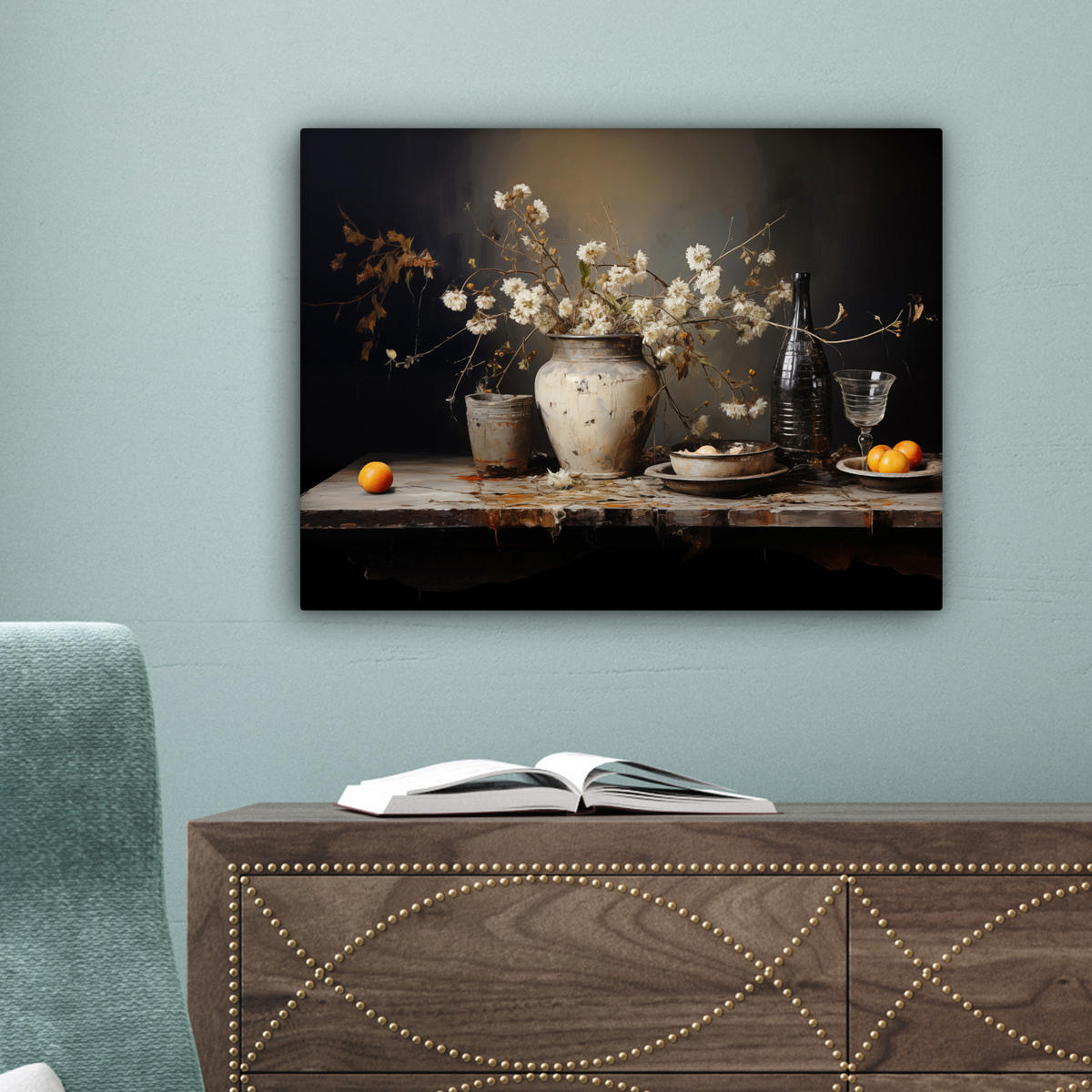 LEINWANDBILD Stilleben - Blumen - Blumenstrauß - Vase - Wein Wandbild 40x30 cm - Schwarz, Textil (40/30cm) - MuchoWow