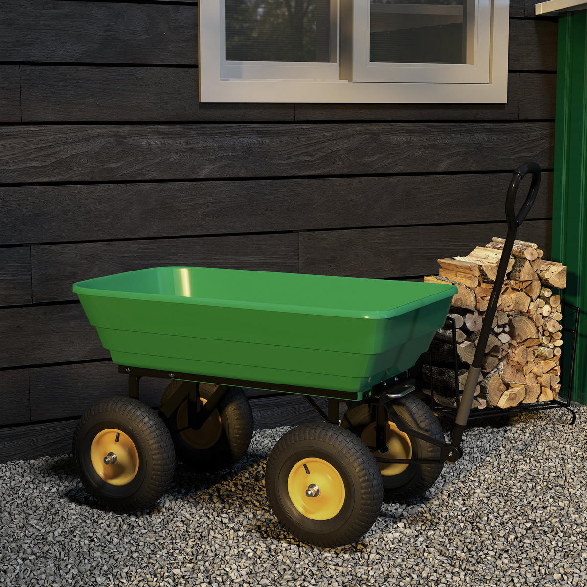 GARTENWAGEN DE-17574 75 L Kippmulde, 200 kg, 4 Luftreifen Gelb/Grün - Grün, Kunststoff (52/94/109cm) - ComfortXL