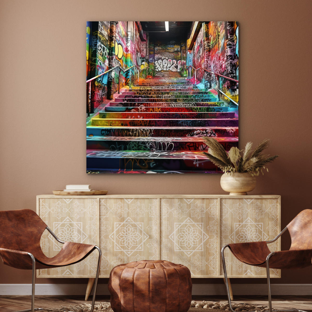 KOVOVÝ OBRAZ Schody - Graffiti - Farby - Umenie 90x90 cm - viacfarebná, kov (90/90cm) - MuchoWow
