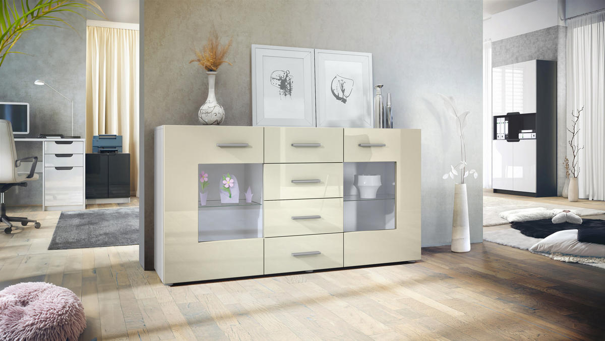 SIDEBOARD Noah Creme Hochglanz - Creme, Holzwerkstoff (139/72/35cm) - Vladon