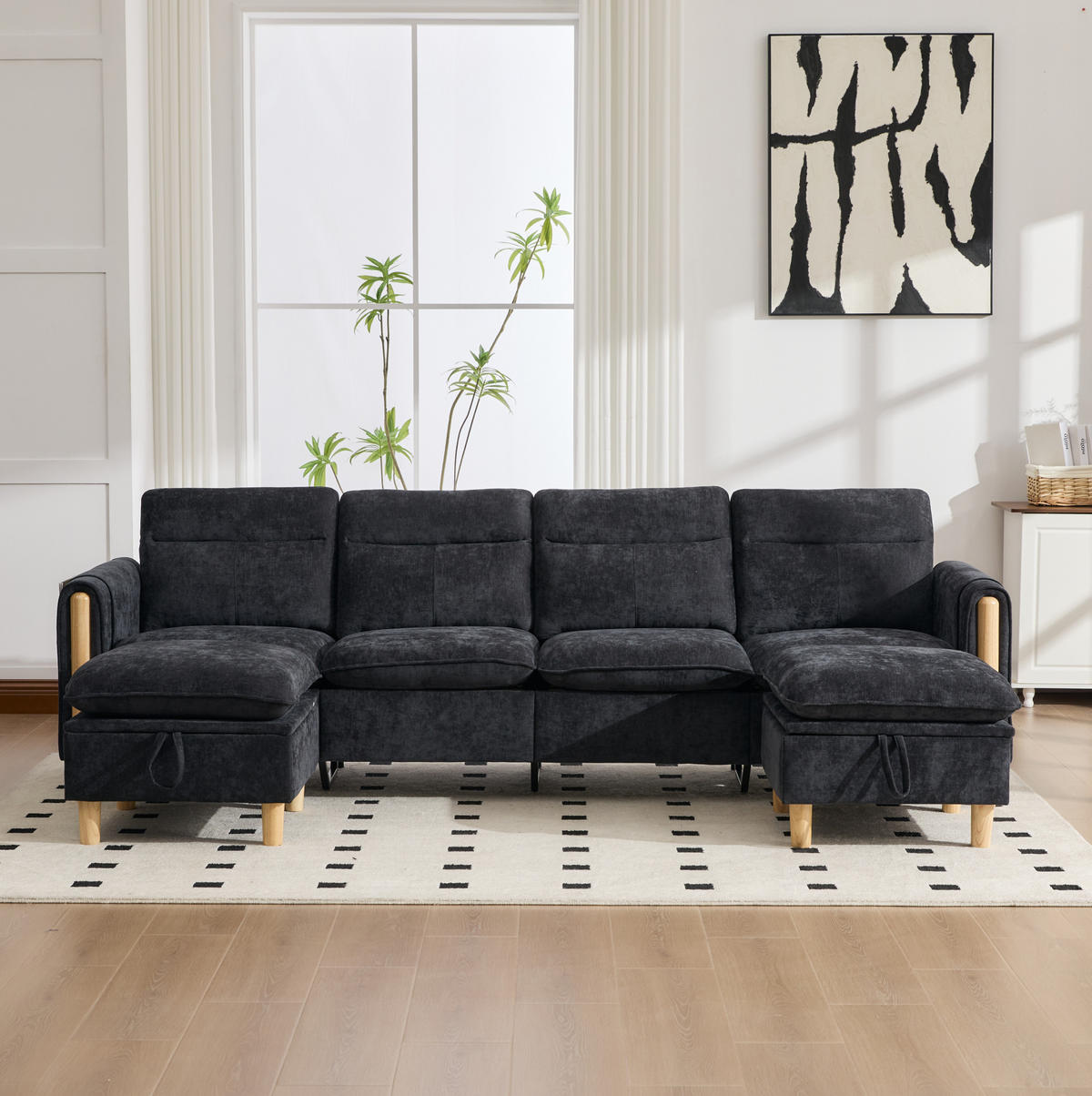 SOFA modular mit 2 Hockern und Stauraum 261 cm Chenille Schwarz - Schwarz, Holz (77/86/261cm) - Meubliv