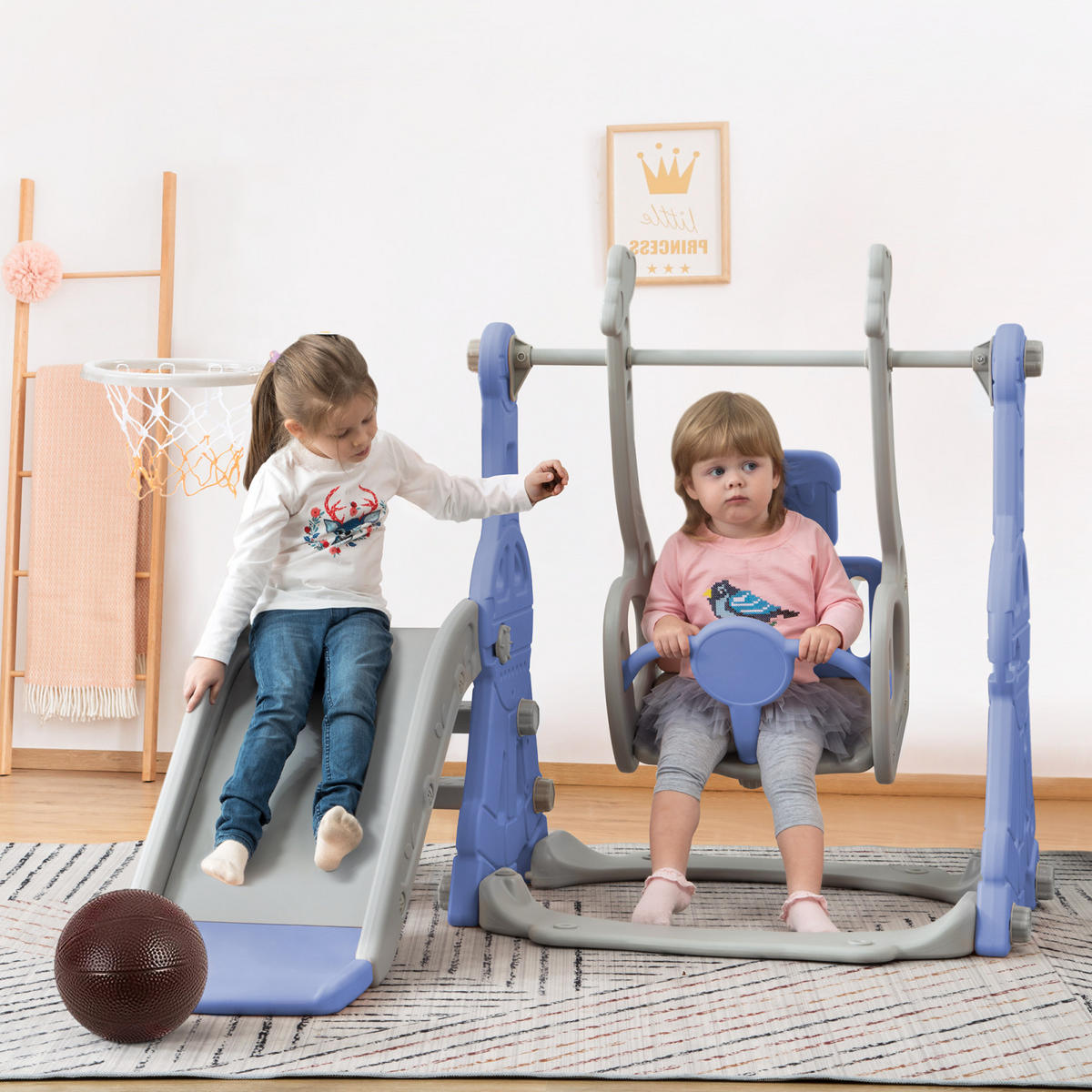 KINDERRUTSCHE mit Schaukel 4-in-1 – ,Blau, Mit Basketballkorb & 3-fach höhenverstellbarer Schauke,Spielgerät für Kinder - Blau, Kunststoff (140/102/118cm) - BursDany