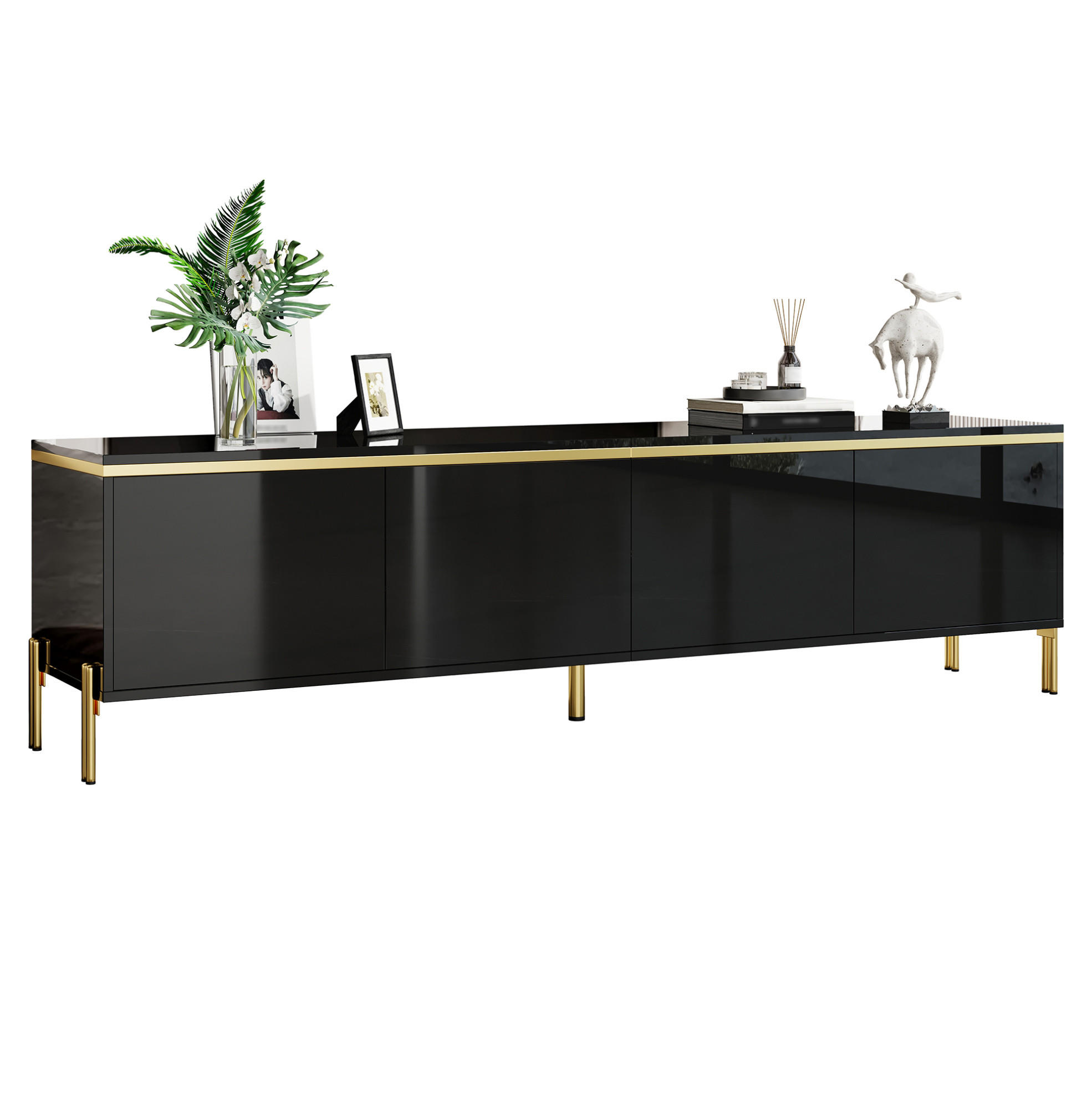 TV ormarić 170/38/50 cm od iverice s 4 vrata, otvorima za kabele i djelomično visokim sjajem, Crna - crna, drvni materijal (170/50/38cm) - Redom
