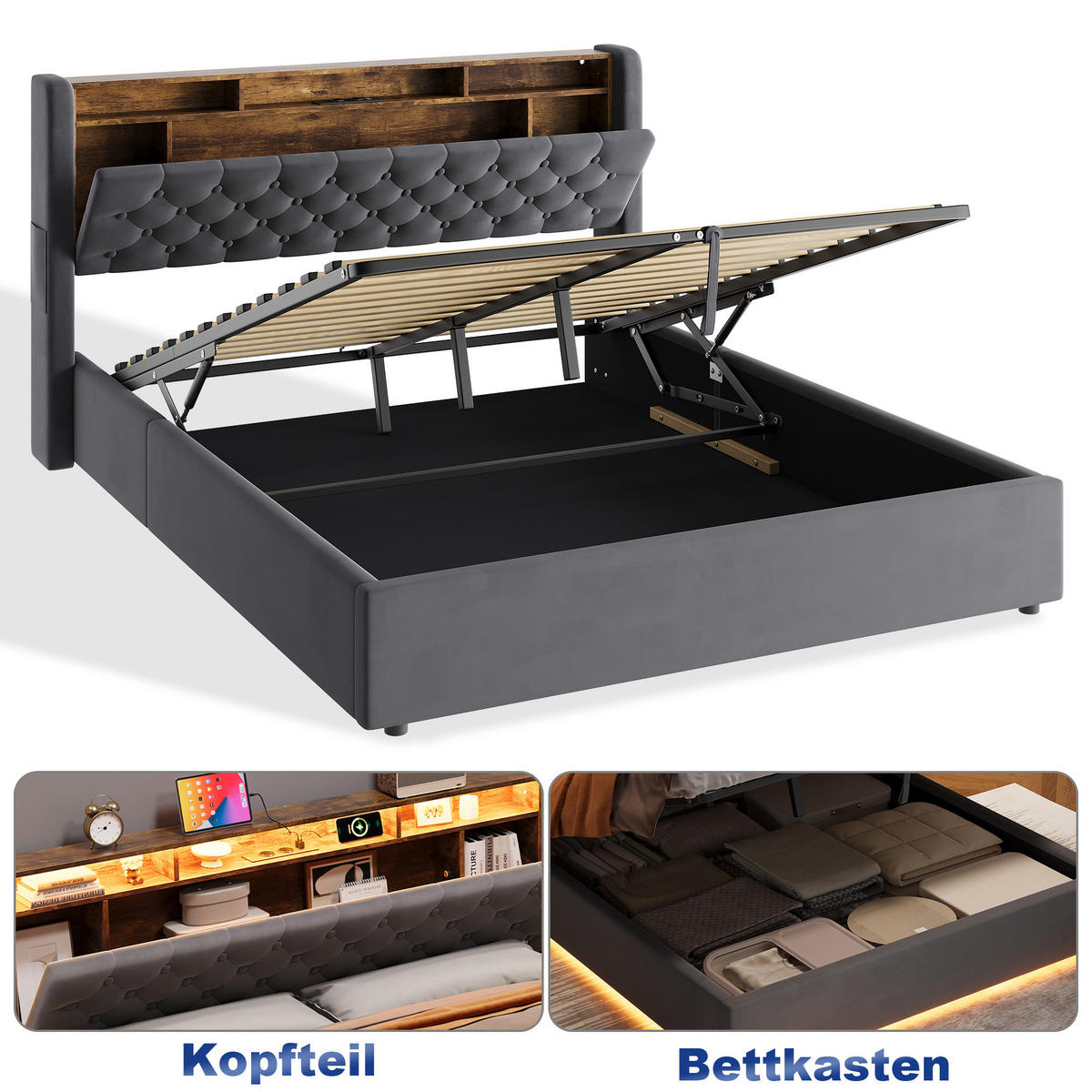 POLSTERBETT 160/200 cm in Dunkelgrau Samt mit Bettkasten, LED-Beleuchtung und USB-Anschluss - Dunkelgrau, Holzwerkstoff/Textil (160/200cm) - CHICFURN