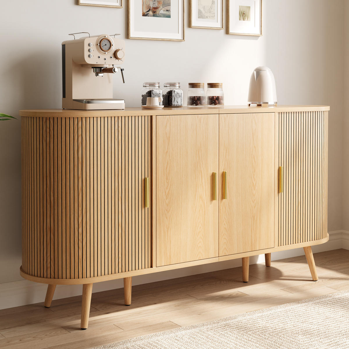 SIDEBOARD Schiebetüren Rillenoptik Metallgriffe Gebogenes Design - Naturfarben, Holzwerkstoff (150/79/40cm) - FLIEKS
