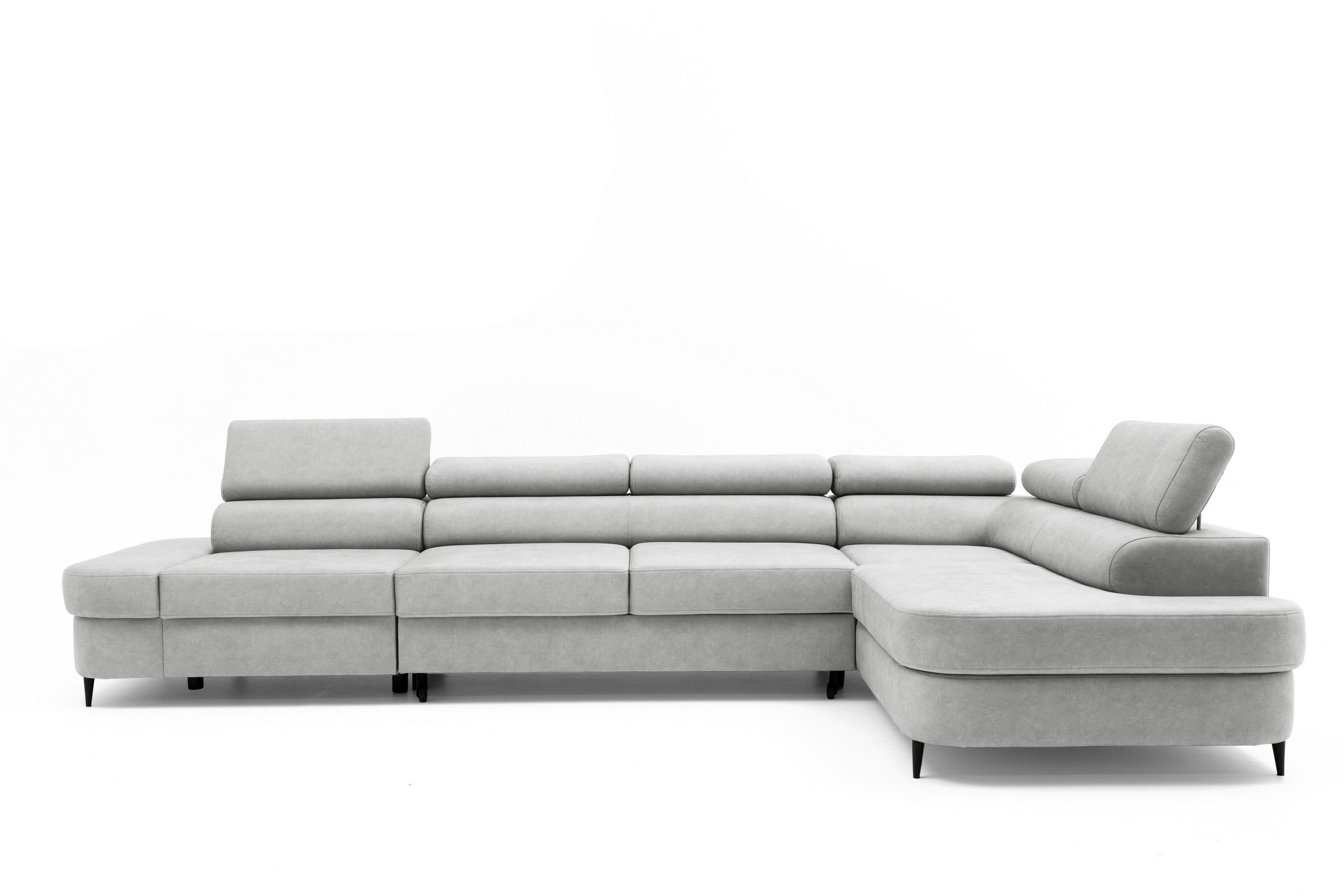 ECKSOFA PRIAM MAXI L-Form mit Schlaffunktion & Bettkasten, 6-Sitzer, 350cm, Verstellbare Kopfstützen, Ottomane Rechts - Hellgrau, Holz/Textil (350/203cm) - Muffo